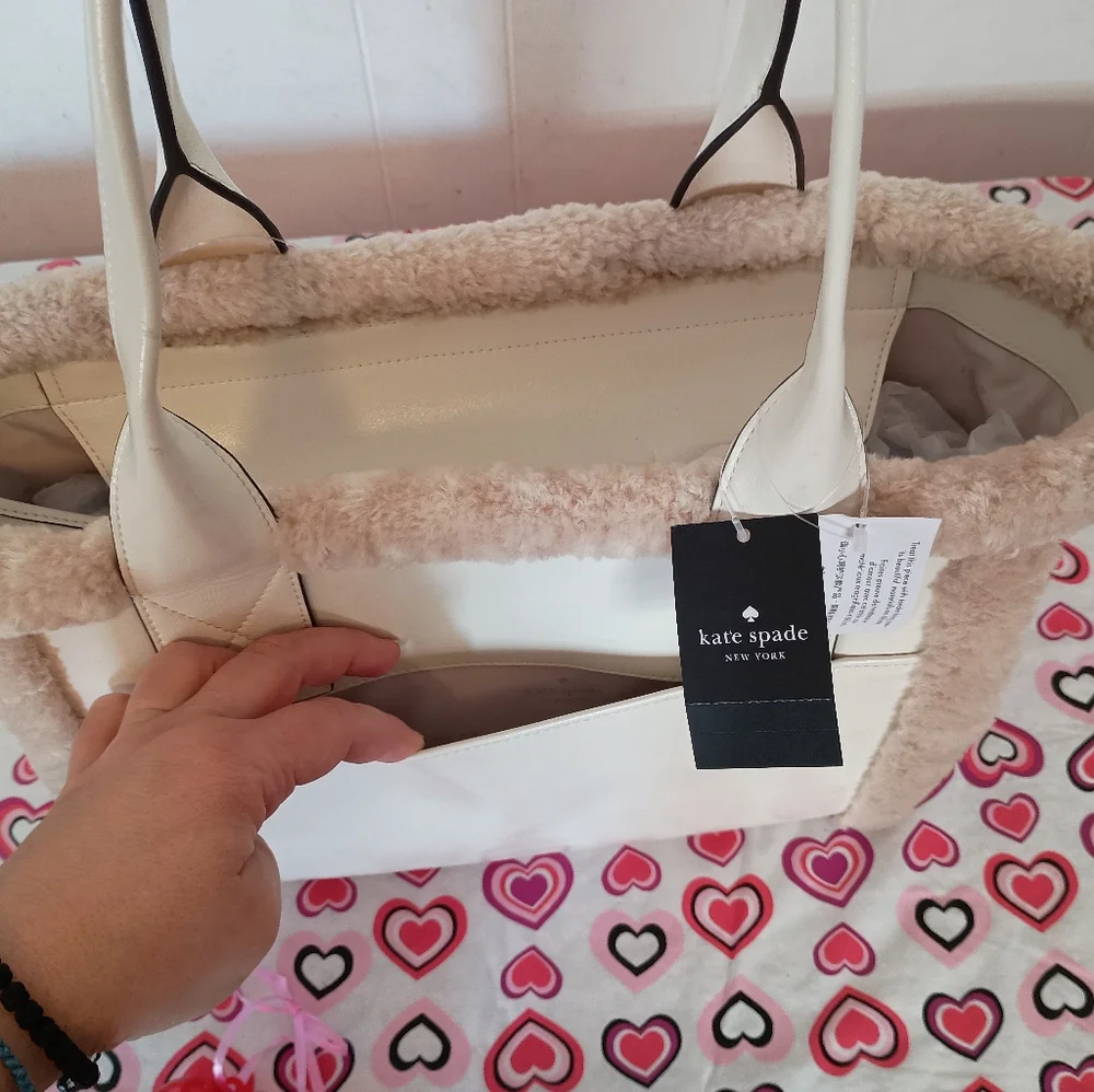 SOLD- NWT Kate Spade Meringue Cream White Jett Shearling Trim Large Tote Purse - Picture 7 of 16